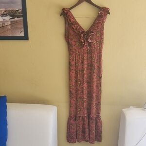 Tennis Red and Brown Sleeveless Maxi Dress with V-Neck Sundress